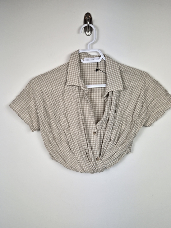 Zara Other - Zara Girls Gingham Twist Front Crop Top Beige Check Linen Blend Size 9 NWOT